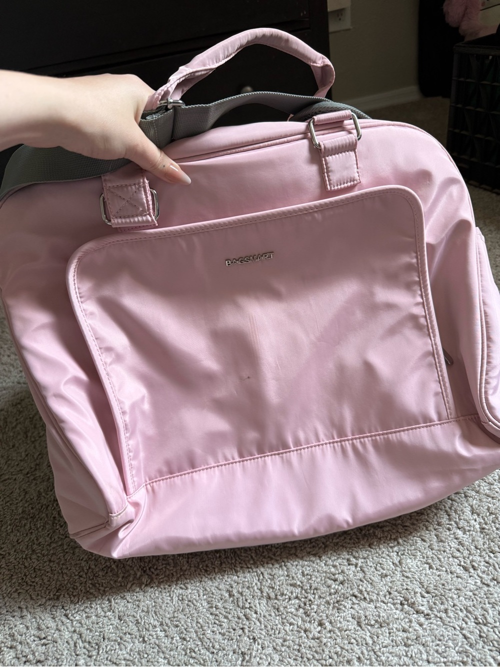 Baby pink nylon travel bag